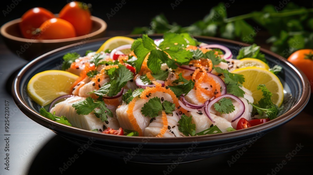 a serving of fresh citrus ceviche loaded with fresh ingredients and garnished with leafy greens a serving of fresh citrus ceviche loaded with fresh ingredients and garnished with leafy greens
