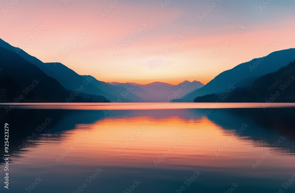 Fototapeta premium Serene Sunset Over Mountain Lake With Reflective Waters in Tranquil Landscape