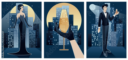 set of 3 drawing of woman, man and wine and champagne