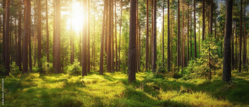 Fototapeta premium Peaceful forest scene with sunlight filtering through tall trees, creating a serene and vibrant atmosphere.