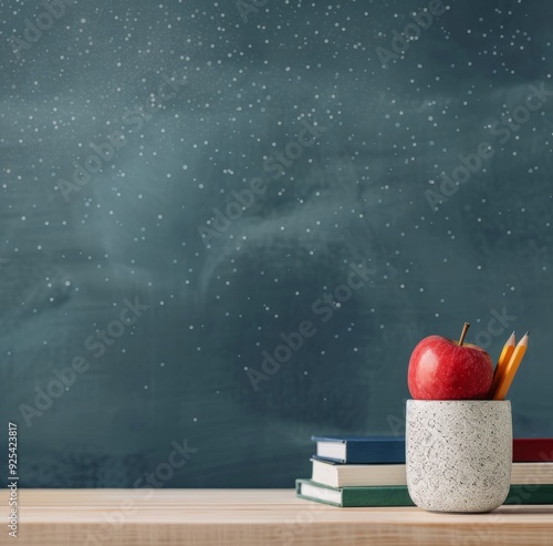 Classroom Desk With Books, Red Apple, And Colorful Pencils On Green Chalkboar...