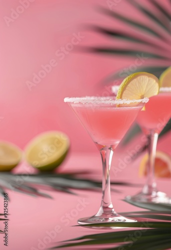 Refreshing Pink Cocktails With Lime Slices on Pink Background