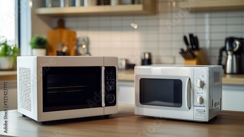 A microwave oven paired with a toaster, both situated on a kitchen table