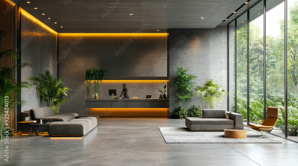 Fototapeta premium Modern minimalistic concrete coworking office with large windows, lounge area, natural light, indoor plants, and sleek furniture to create a serene, productive workspace environment during daytime.