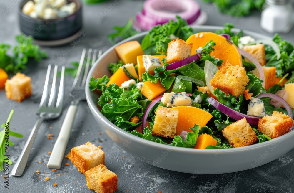 Fresh Kale Salad With Roasted Pumpkin and Blue Cheese on a Gray Table Fresh Kale Salad With Roasted Pumpkin and Blue Cheese on a Gray Table