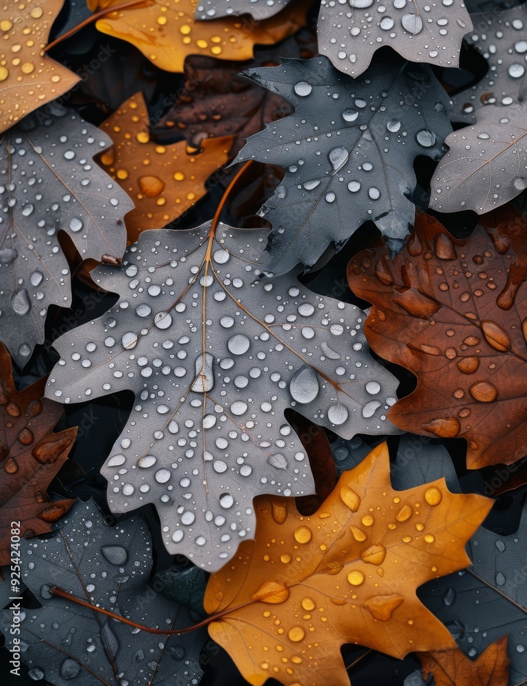 Colorful Leaves With Raindrops on the Ground in Autumn Colorful Leaves With Raindrops on the Ground in Autumn