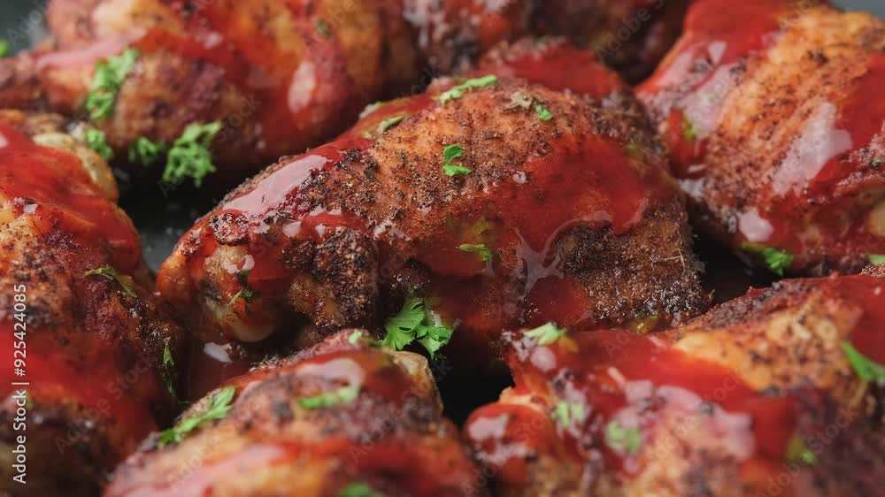 Chicken Thighs topped with buffalo sauce. Rotating video. Chicken Thighs topped with buffalo sauce. Rotating video.