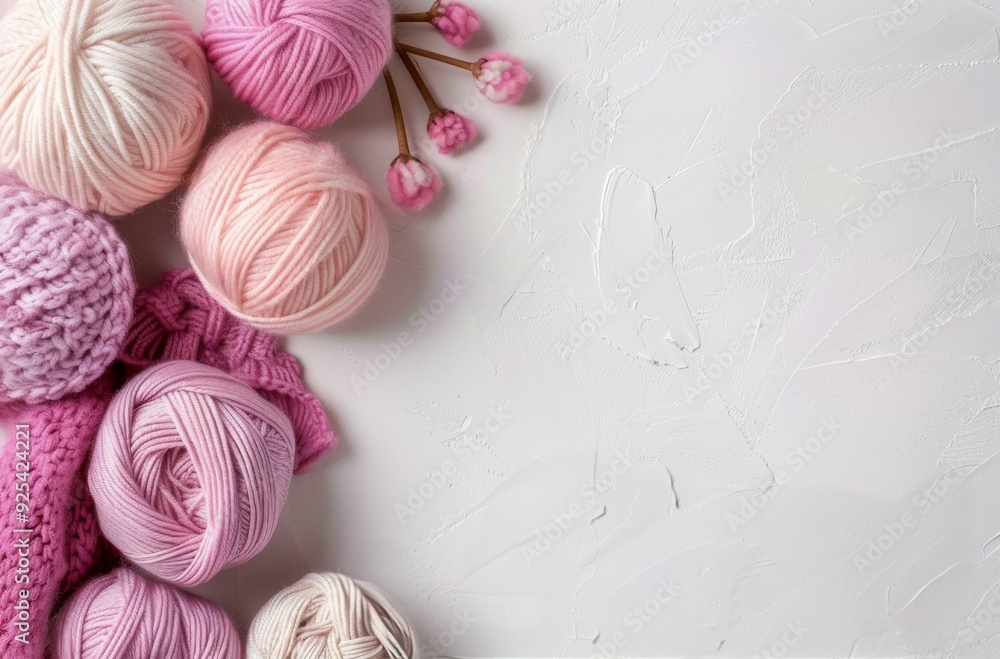 Soft Pink Yarn Balls And Knitted Sweater Laying On A White Surface With Decorative Flowers Soft Pink Yarn Balls And Knitted Sweater Laying On A White Surface With Decorative Flowers