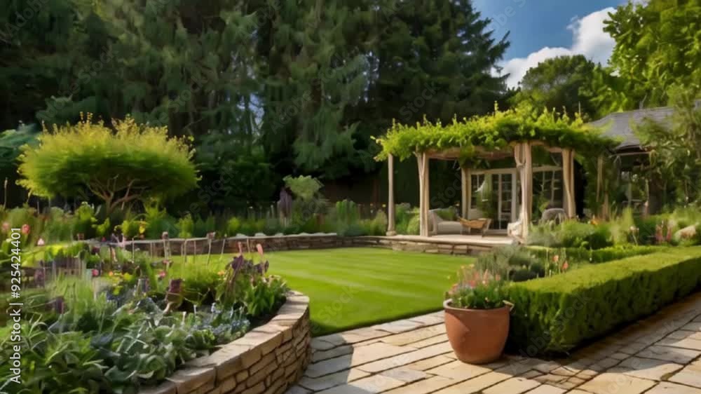 Backyard Garden with Stone Patio and Pergola Backyard Garden with Stone Patio and Pergola