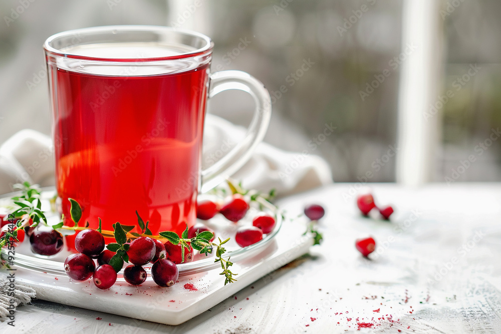 Cranberry Tea with Sprigs of Thyme on a White Table Cranberry Tea with Sprigs of Thyme on a White Table