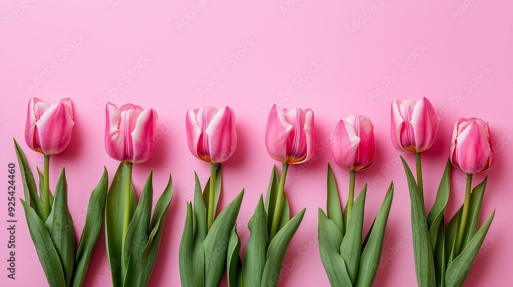 Stunning Pink Tulips in a Floral Display on Pink Background Stunning Pink Tulips in a Floral Display on Pink Background