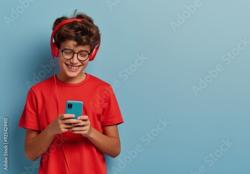 Happy Boy Listening to Music on Phone While Wearing Headphones Against Blue B...