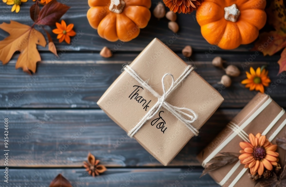 Autumn Gift Boxes Surrounded by Pumpkins and Fall Decorations on Wooden Table Autumn Gift Boxes Surrounded by Pumpkins and Fall Decorations on Wooden Table
