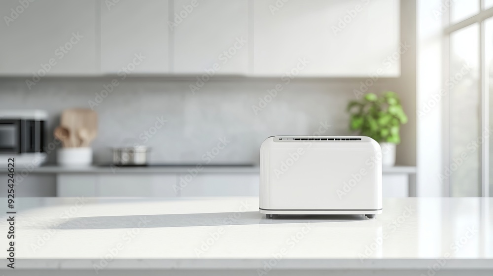 A modern white kitchen countertop with a toaster, white ceramic decor, and a blank space for product display, blurred kitchen in the background A modern white kitchen countertop with a toaster, white ceramic decor, and a blank space for product display, blurred kitchen in the background