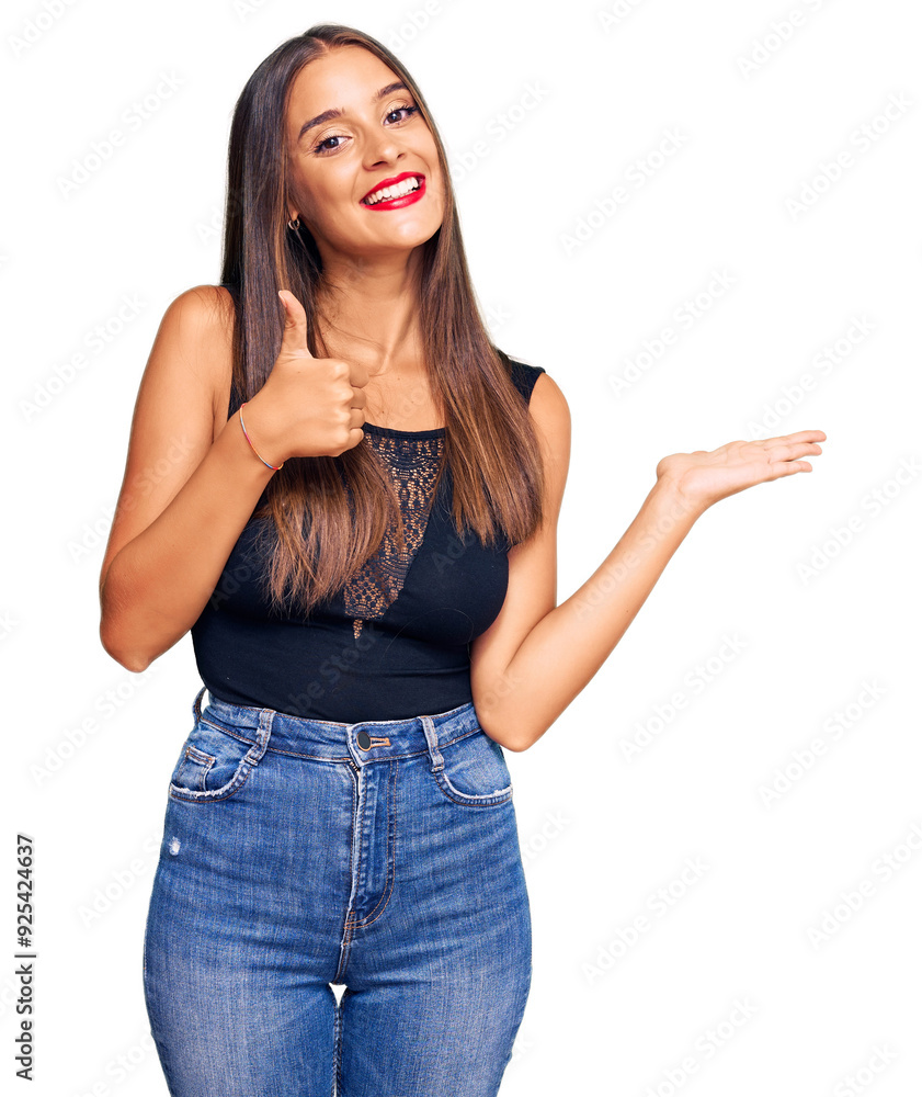 Young hispanic woman wearing casual clothes showing palm hand and doing ok gesture with thumbs up, smiling happy and cheerful Young hispanic woman wearing casual clothes showing palm hand and doing ok gesture with thumbs up, smiling happy and cheerful