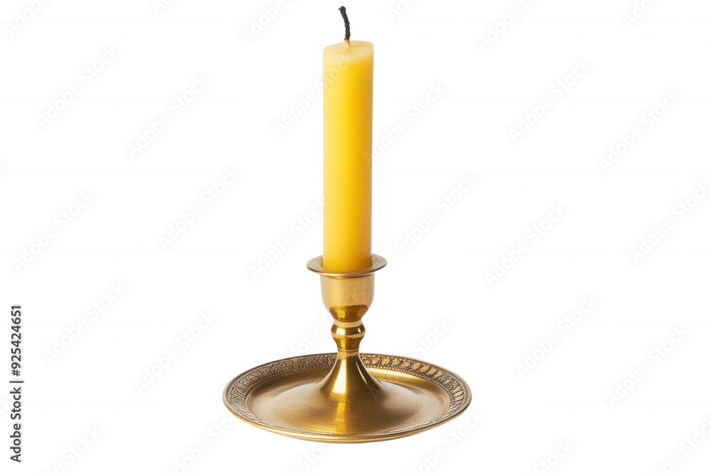 A beautiful golden candlestick holder with a lit yellow candle, transparent background A beautiful golden candlestick holder with a lit yellow candle, transparent background