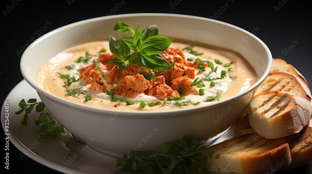 a delicious bowl of lobster bisque loaded with fresh lobster meat in a thick creamy broth, garnished with chopped chives a delicious bowl of lobster bisque loaded with fresh lobster meat in a thick creamy broth, garnished with chopped chives