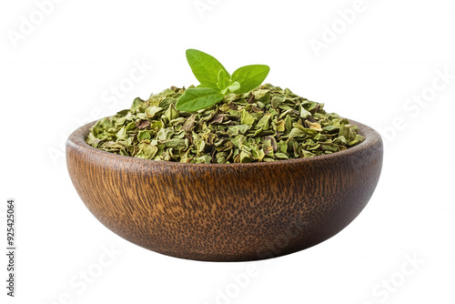 A wooden bowl filled with dried oregano, transparent background