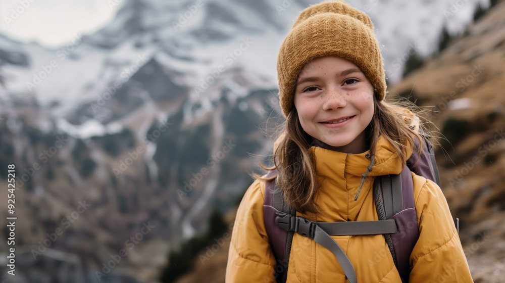 A girl in a yellow jacket smiles at the camera while standing in a snowy mountain landscape with a scenic view, looking content and happy. A girl in a yellow jacket smiles at the camera while standing in a snowy mountain landscape with a scenic view, looking content and happy.