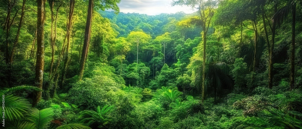 Obraz premium Vibrant green tropical forest filled with dense foliage and tall trees under a bright sky.