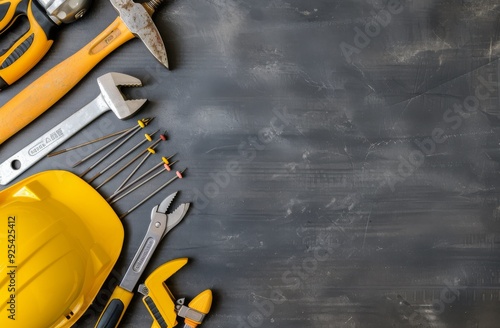 Construction Tools and Safety Gear on Wooden Workbench in Workshop