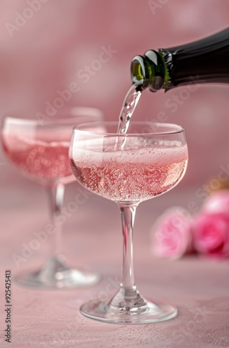 Sparkling Rose Champagne Poured Into Elegant Glasses With Pink Background