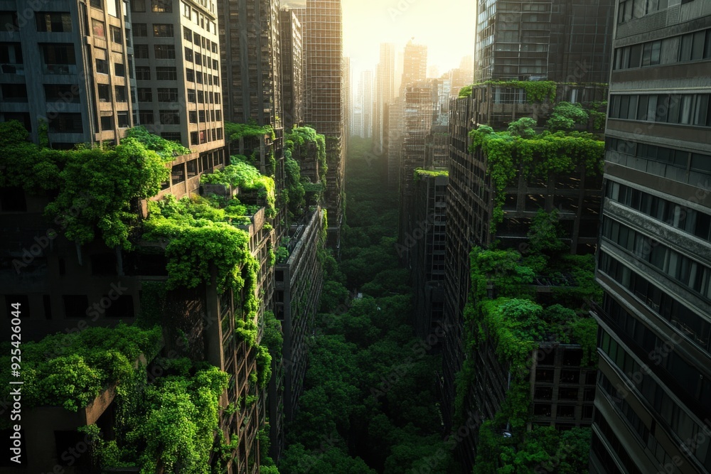 Tall skyscrapers densely overgrown with vibrant plants, forming a lush urban jungle bathed in golden sunlight, symbolizing nature's dominance over urban structures. Tall skyscrapers densely overgrown with vibrant plants, forming a lush urban jungle bathed in golden sunlight, symbolizing nature's dominance over urban structures.