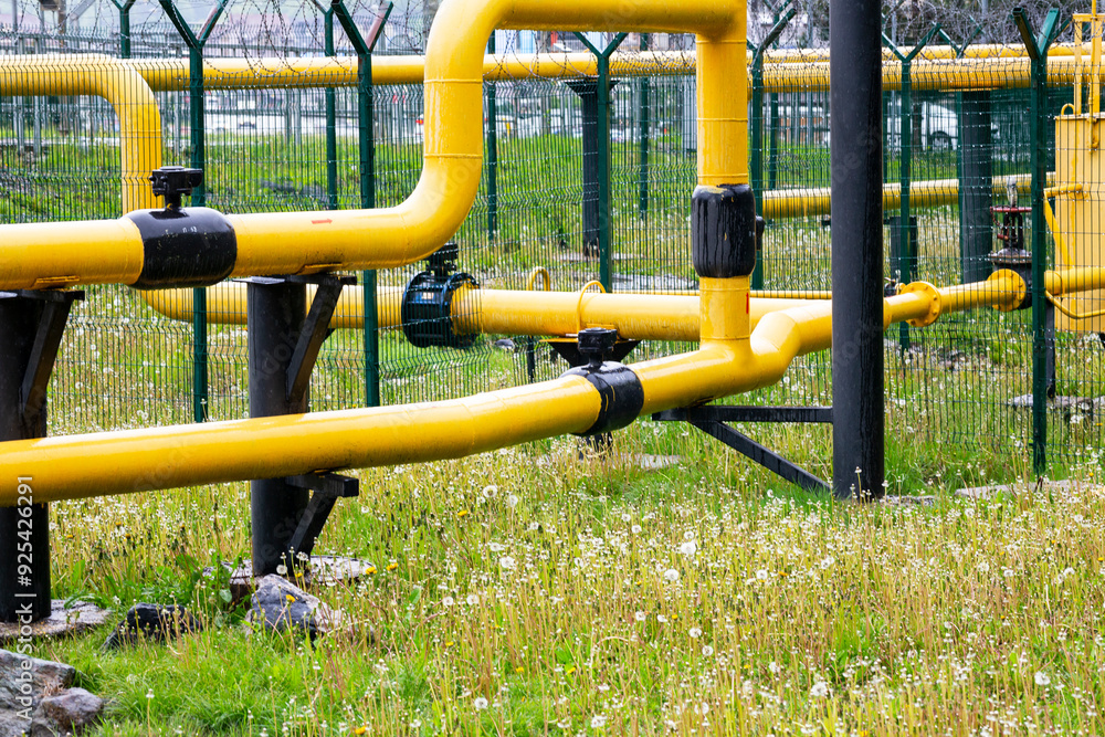 Gas pipeline oil industry. Yellow gas pipe power technology. Fuel energy equipment. Gas industry, oil transport system Gas pipeline oil industry. Yellow gas pipe power technology. Fuel energy equipment. Gas industry, oil transport system