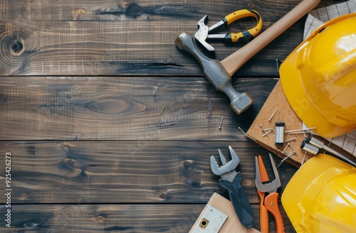 Construction Tools and Safety Gear on Wooden Workbench in Workshop