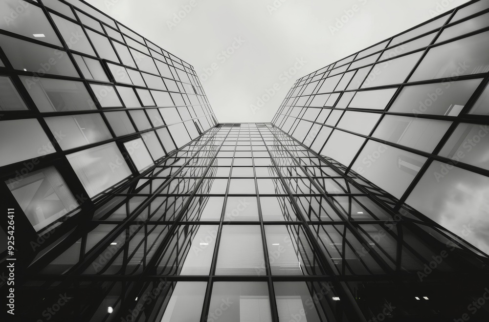 Fototapeta premium Modern Glass Building Reaching Sky Under Cloudy Sky