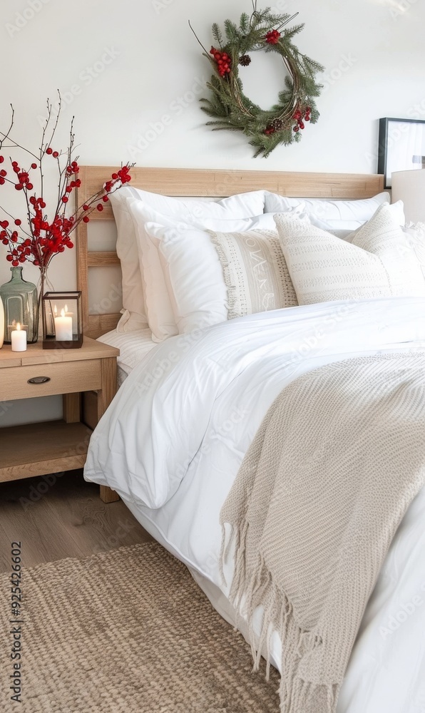 Fototapeta premium Elegant Winter Table Setting With Candles and Red Berries in Cozy Bedroom