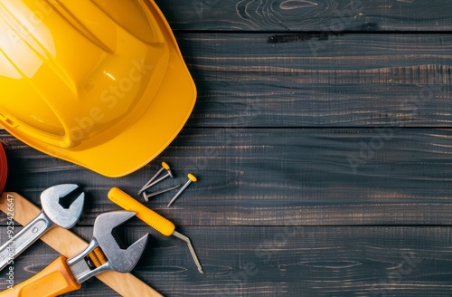 Construction Tools and Safety Helmet on Dark Wooden Surface in Workshop Setting