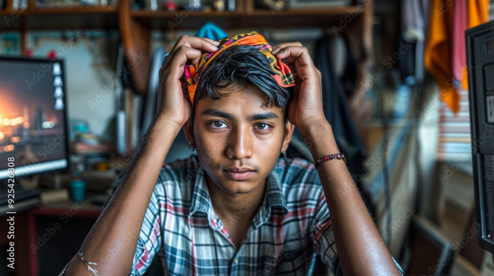 Young man is holding his head in front of his head and looking at the camera. Young man is holding his head in front of his head and looking at the camera.