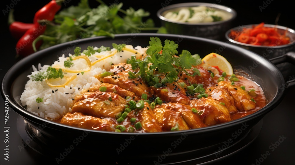 a delicious serving of flavorful fish curry served with white basmati rice, herbs and spices, garnished with fresh coriander leaves a delicious serving of flavorful fish curry served with white basmati rice, herbs and spices, garnished with fresh coriander leaves