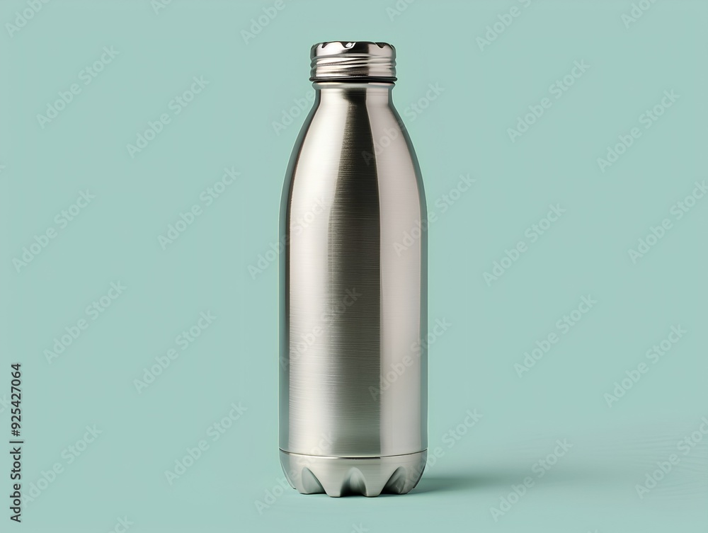 a stainless steel water bottle with a smooth, shiny surface. It has a cylindrical shape with a slightly tapered neck and a screw-on cap. The bottle is standing upright against a plain, light teal back a stainless steel water bottle with a smooth, shiny surface. It has a cylindrical shape with a slightly tapered neck and a screw-on cap. The bottle is standing upright against a plain, light teal back