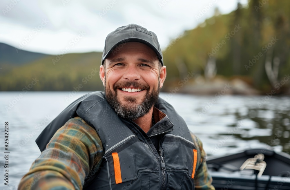 Man Fishing on a Lake With a Smile in a Natural Setting Man Fishing on a Lake With a Smile in a Natural Setting