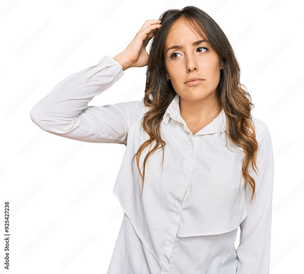 Young brunette woman wearing casual clothes confuse and wonder about question. uncertain with doubt, thinking with hand on head. pensive concept. Young brunette woman wearing casual clothes confuse and wonder about question. uncertain with doubt, thinking with hand on head. pensive concept.