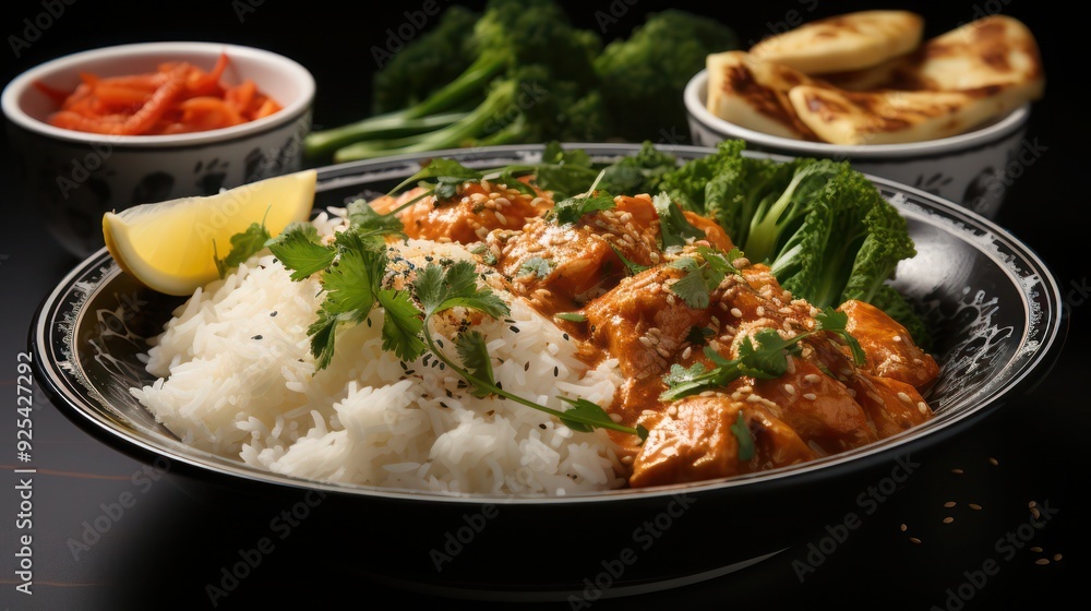 a delicious serving of flavorful fish curry served with white basmati rice, herbs and spices, garnished with fresh coriander leaves a delicious serving of flavorful fish curry served with white basmati rice, herbs and spices, garnished with fresh coriander leaves