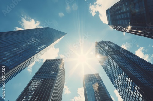 Sunlight Shining Down Between Skyscrapers in Urban Setting