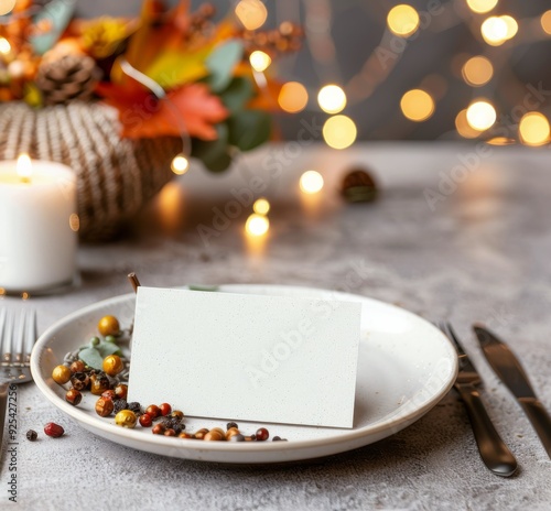 Elegant Table Setting With Blank Place Card and Festive Decorations for Autum...