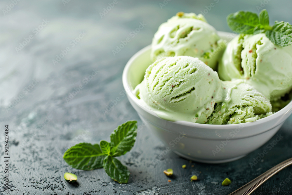 Pistachio Ice Cream with Mint Garnish Pistachio Ice Cream with Mint Garnish