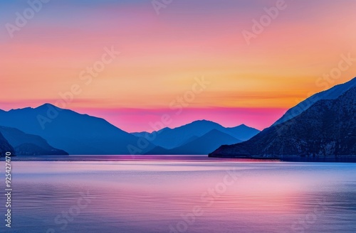 Serene Sunset Over Calm Lake Surrounded By Mountains