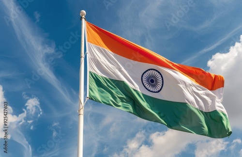 Indian National Flag Waving Against Clear Blue Sky