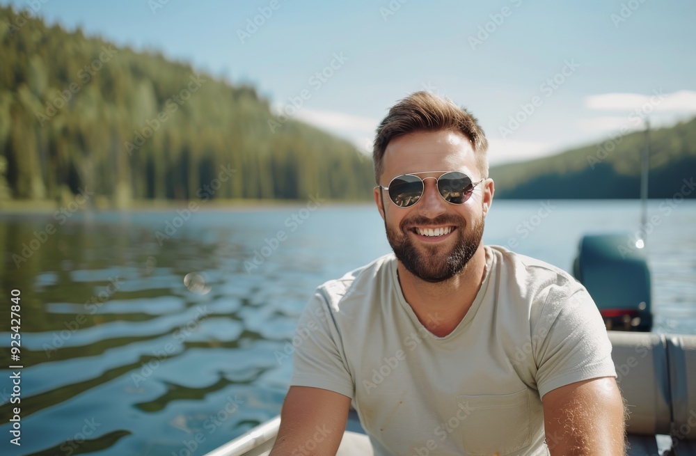 Man Fishing on a Lake With a Smile in a Natural Setting Man Fishing on a Lake With a Smile in a Natural Setting