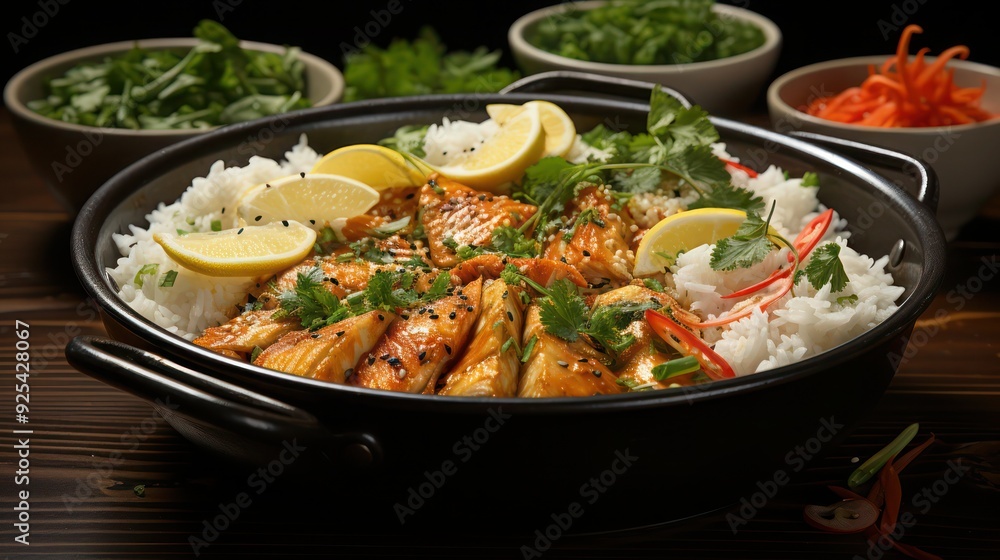 a delicious serving of flavorful fish curry served with white basmati rice, herbs and spices, garnished with fresh coriander leaves a delicious serving of flavorful fish curry served with white basmati rice, herbs and spices, garnished with fresh coriander leaves
