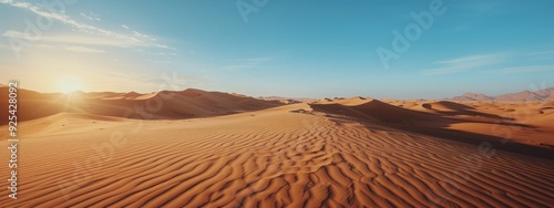 Sunlit Desert Dunes With Lush Grass Clusters Under Clear Blue Sky