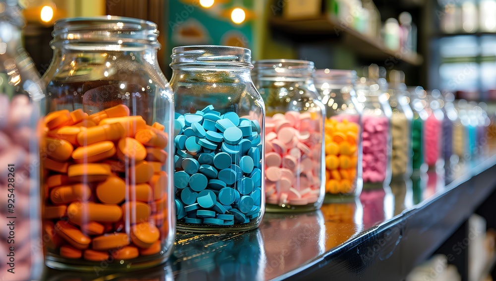 a row of glass jars filled with colorful candies or sweets, lined up on a shelf or counter. Each jar contains candies of a different color. From left to right, the visible jars contain orange, blue, p a row of glass jars filled with colorful candies or sweets, lined up on a shelf or counter. Each jar contains candies of a different color. From left to right, the visible jars contain orange, blue, p