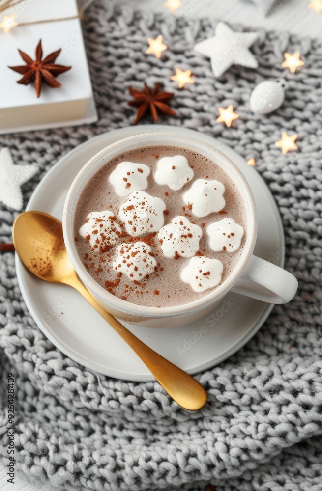 Warm Cocoa With Milk Foam and Decorative Stars on a Cozy Blanket During Winter Evening Warm Cocoa With Milk Foam and Decorative Stars on a Cozy Blanket During Winter Evening