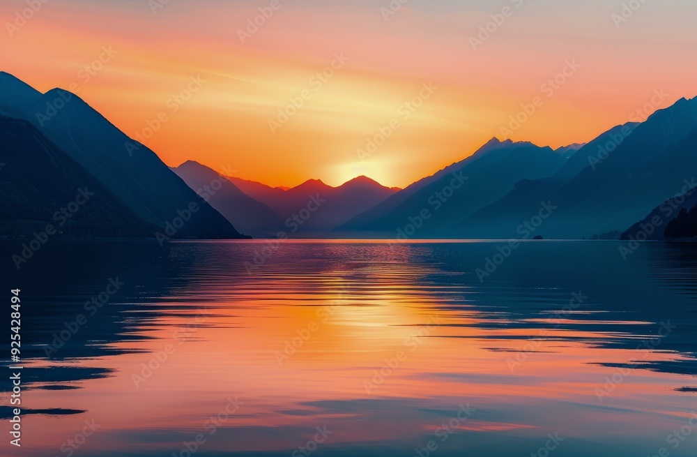 Serene Sunset Over Calm Lake Surrounded By Mountains Serene Sunset Over Calm Lake Surrounded By Mountains