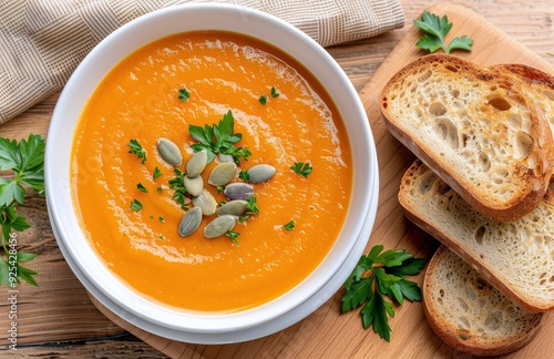 Creamy Pumpkin Soup With Toasted Bread and Fresh Herbs on Wooden Board